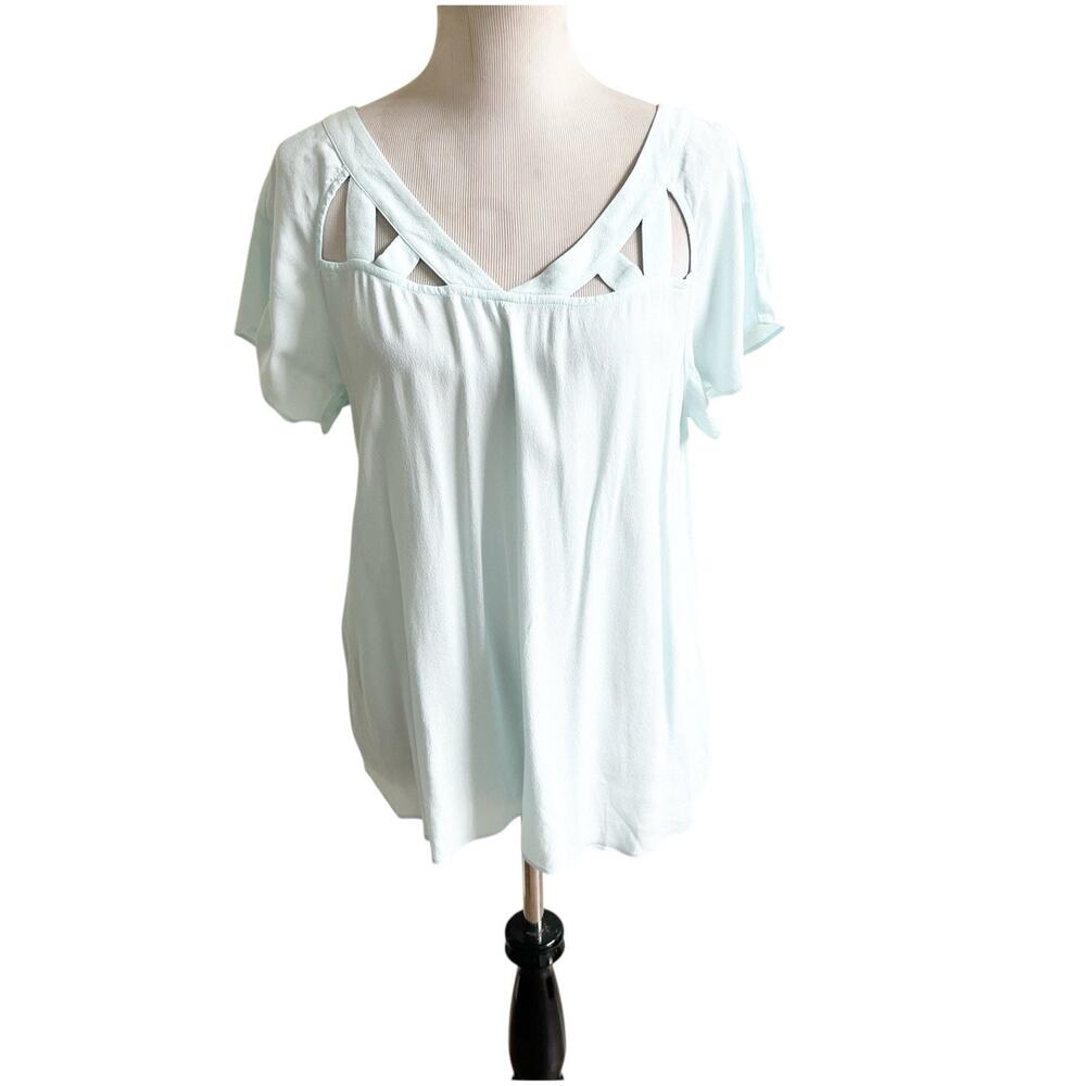 Maeve Cutout Short Sleeve Blouse Light Blue Size Small Deep V Neck Rayon Dressy